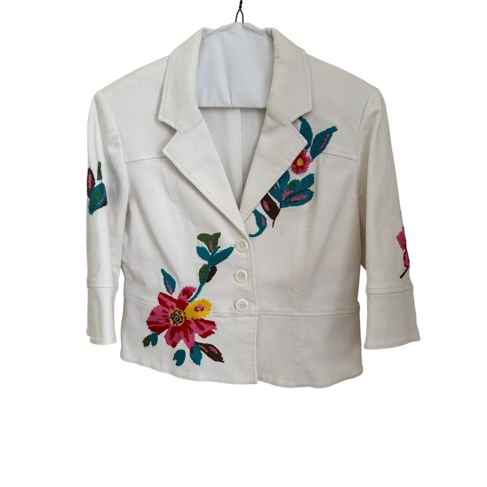 Vintage Nygard Size 12 Collection White Embroidered 3/4 Sleeve Jacket Floral Y2K